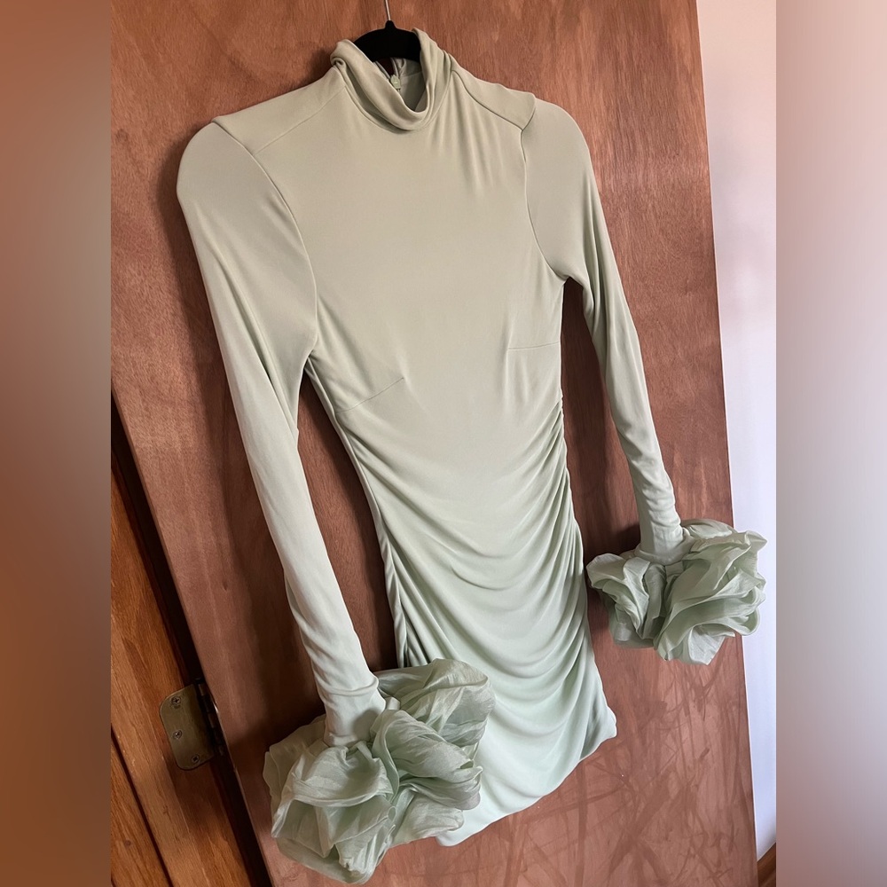 House of CB 'Camilla' PistachioLong Sleeve Ruffle Cuff Mini Dress - Picture 6 of 7
